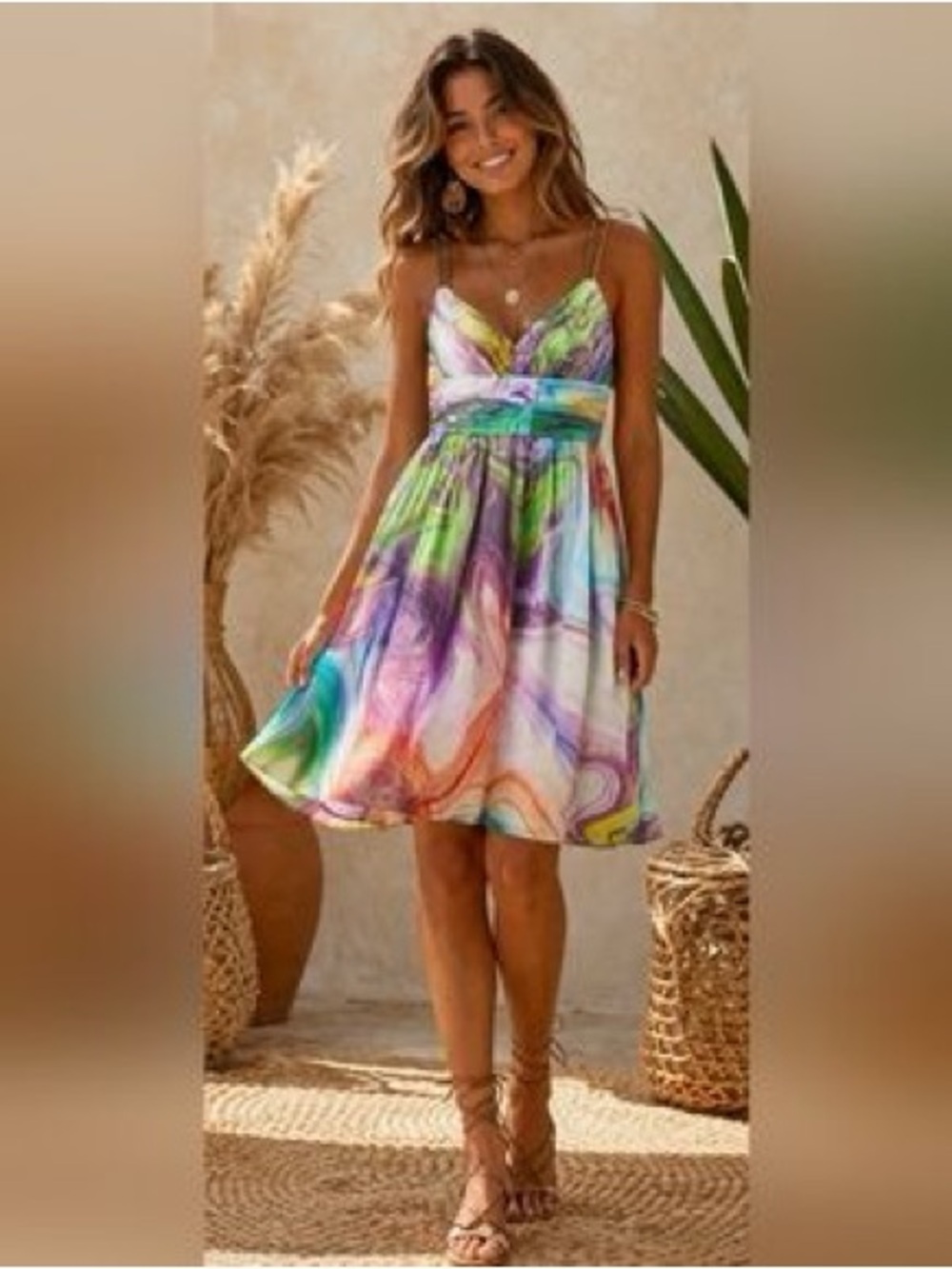 Oleg Cassini Multicolor Marble-Print Midi Dress with Purple & Green Accents